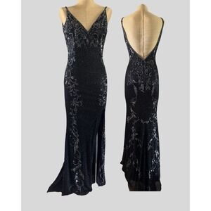 Primavera Black Sequin Beaded V Neck Low Back Formal Gown Dress Sz 0 - Runs Big